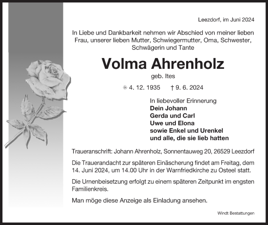 Traueranzeige von Volma Ahrenholz von Ostfriesischer Kurier