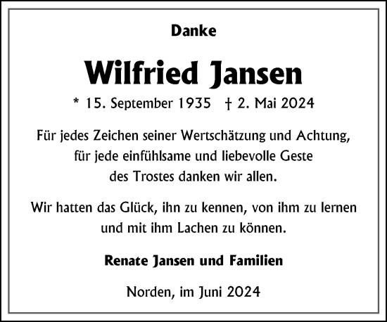 Traueranzeige von Wilfried Jansen von Ostfriesischer Kurier