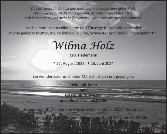 Traueranzeige von Wilma Holz von Ostfriesischer Kurier