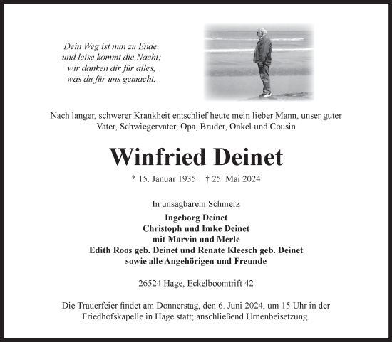 Traueranzeige von Winfried Deinet von Ostfriesischer Kurier