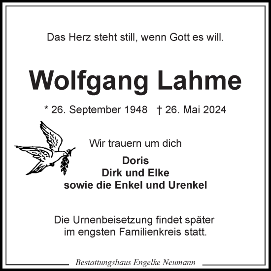 Traueranzeige von Wolfgang Lahme von Ostfriesischer Kurier