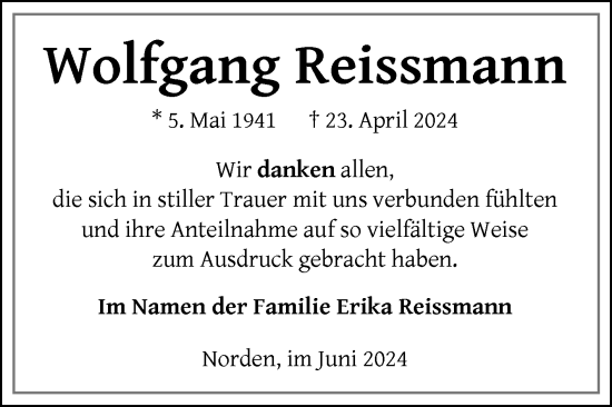 Traueranzeige von Wolfgang Reissmann von Ostfriesischer Kurier