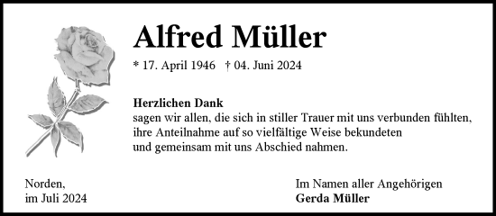 Traueranzeige von Alfred Müller von Ostfriesischer Kurier