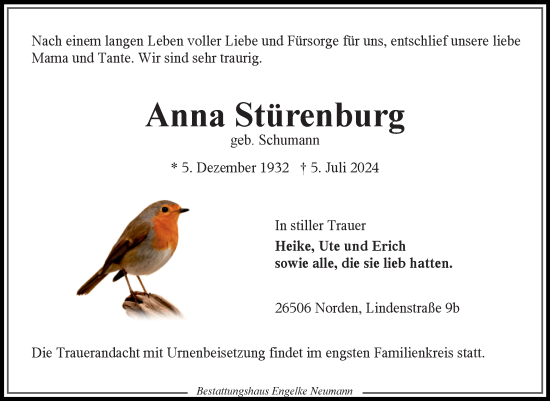Traueranzeige von Anna Stürenburg von Ostfriesischer Kurier