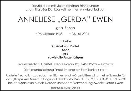 Traueranzeige von Anneliese Ewen von Ostfriesischer Kurier