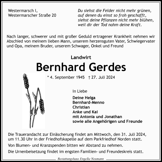 Traueranzeige von Bernhard Gerdes von Ostfriesischer Kurier