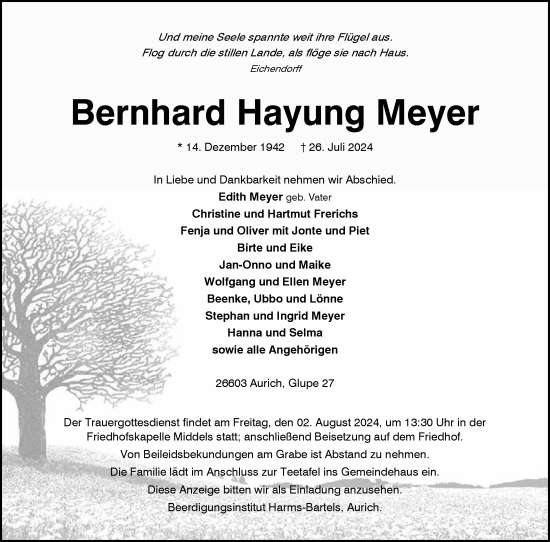 Traueranzeige von Bernhard Hayung Meyer von Ostfriesischer Kurier