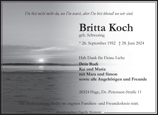 Traueranzeige von Britta Koch von Ostfriesischer Kurier