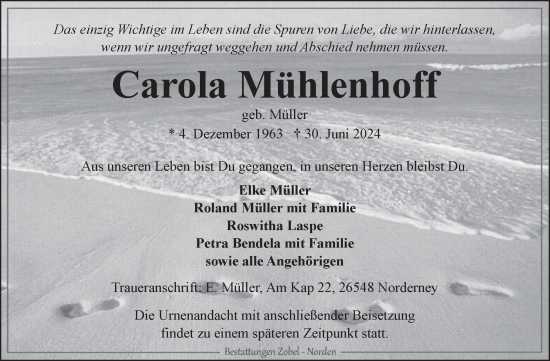 Traueranzeige von Carola Mühlenhoff von Ostfriesischer Kurier