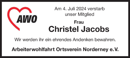 Traueranzeige von Christel Jacobs von Ostfriesischer Kurier