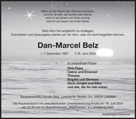 Traueranzeige von Dan-Marcel Belz von Ostfriesischer Kurier