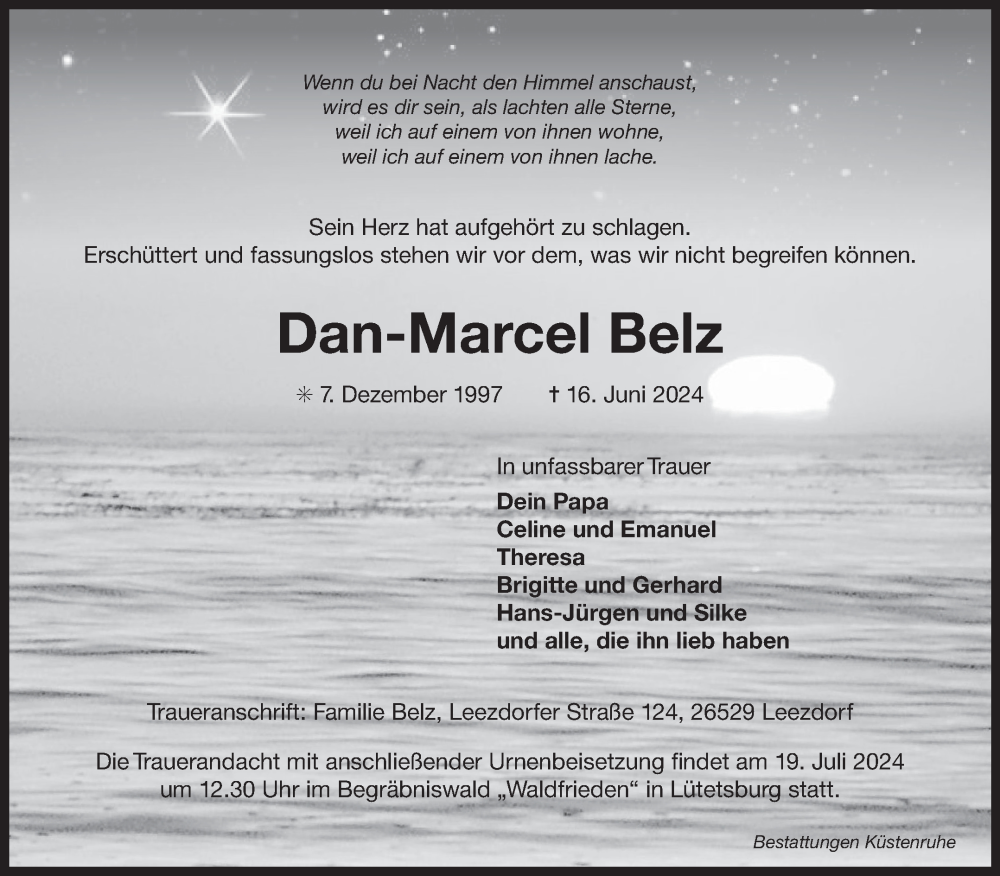  Traueranzeige für Dan-Marcel Belz vom 13.07.2024 aus Ostfriesischer Kurier