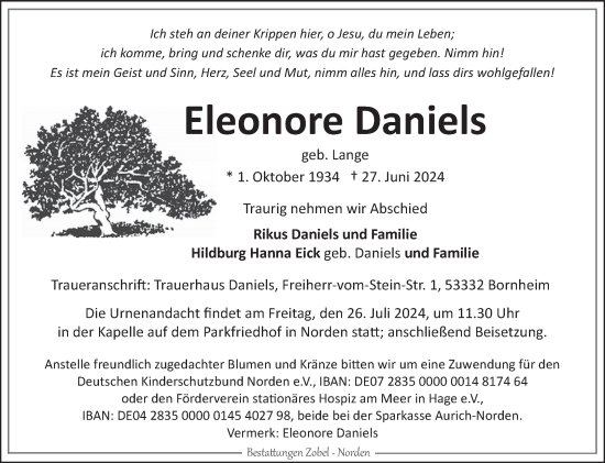 Traueranzeige von Eleonore Daniels von Ostfriesischer Kurier