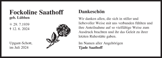 Traueranzeige von Fockoline Saathoff von Ostfriesischer Kurier