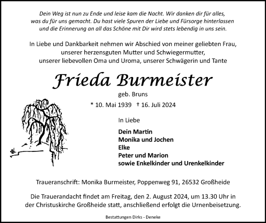 Traueranzeige von Frieda Burmeister von Ostfriesischer Kurier