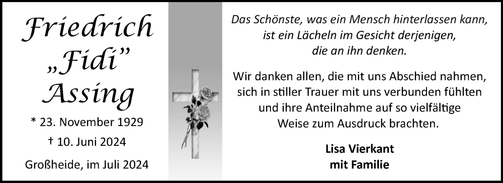  Traueranzeige für Friedrich Assing vom 13.07.2024 aus Ostfriesischer Kurier