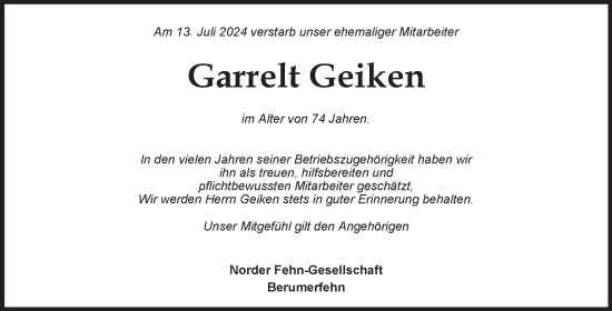 Traueranzeige von Garrelt Geiken von Ostfriesischer Kurier