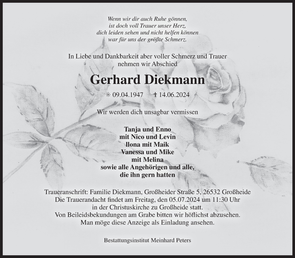  Traueranzeige für Gerhard Diekmann vom 03.07.2024 aus Ostfriesischer Kurier