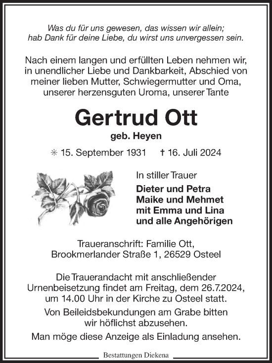 Traueranzeige von Getrud Ott von Ostfriesischer Kurier