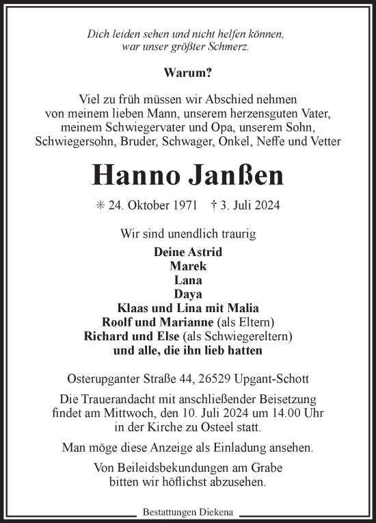 Traueranzeige von Hanno Janßen von Ostfriesischer Kurier