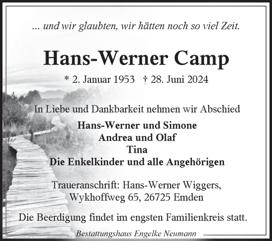 Traueranzeige von Hans-Werner Camp von Ostfriesischer Kurier