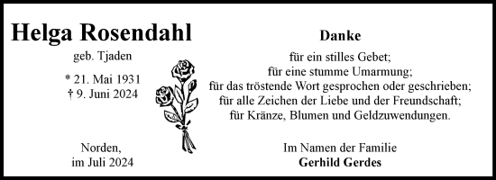 Traueranzeige von Helga Rosendahl von Ostfriesischer Kurier
