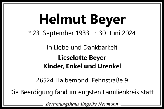 Traueranzeige von Helmut Beyer von Ostfriesischer Kurier