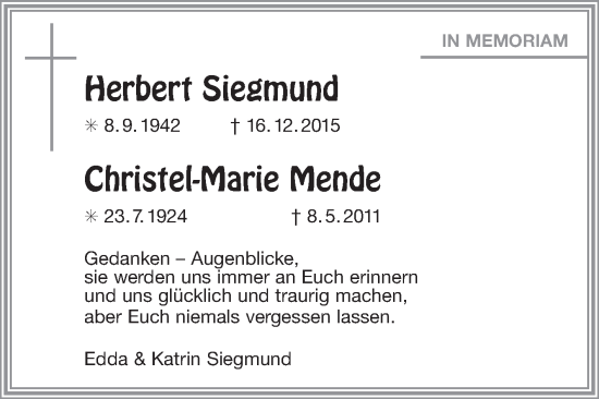 Traueranzeige von Herbert und Christel-Marie Siegmund und Mende von Ostfriesischer Kurier