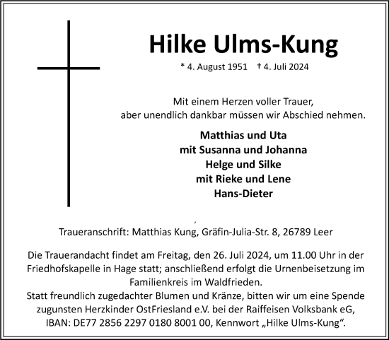 Traueranzeige von Hilke Ulms-Kung von Ostfriesischer Kurier