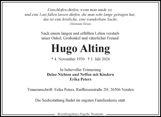Traueranzeige von Hugo Alting von Ostfriesischer Kurier