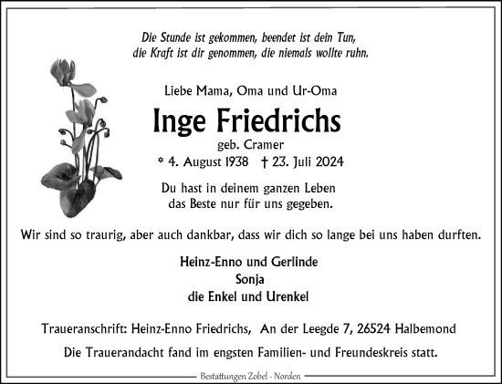 Traueranzeige von Inge Friedrichs von Ostfriesischer Kurier