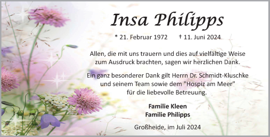 Traueranzeige von Insa Philipps von Ostfriesischer Kurier