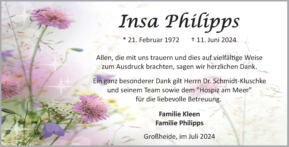  Traueranzeige für Insa Philipps vom 20.07.2024 aus Ostfriesischer Kurier