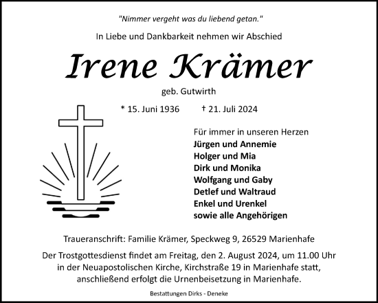 Traueranzeige von Irene Krämer von Ostfriesischer Kurier
