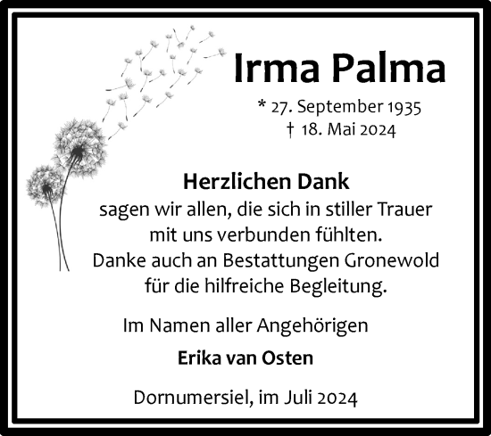 Traueranzeige von Irma Palma von Ostfriesischer Kurier