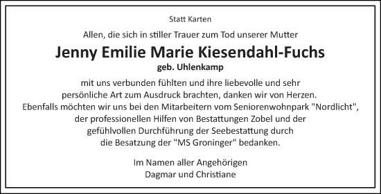 Traueranzeige von Jenny Emilie Marie Kiesendahl-Fuchs von Ostfriesischer Kurier