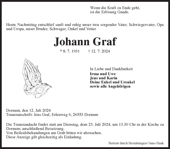 Traueranzeige von Johann Graf von Ostfriesischer Kurier