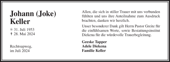 Traueranzeige von Johann Keller von Ostfriesischer Kurier