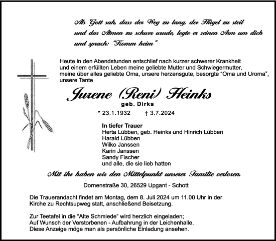 Traueranzeige von Jurene Heinks von Ostfriesischer Kurier