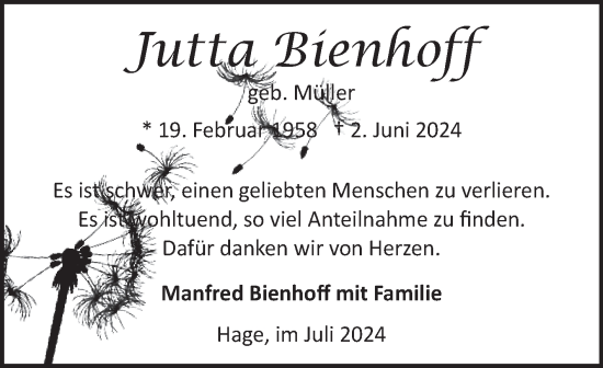 Traueranzeige von Jutta Bienhoff von Ostfriesischer Kurier