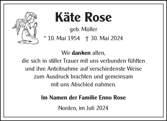 Traueranzeige von Käte Rose von Ostfriesischer Kurier