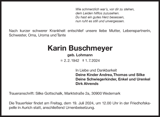 Traueranzeige von Karin Buschmeyer von Ostfriesischer Kurier