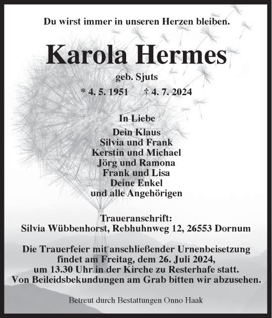 Traueranzeige von Karola Hermes von Ostfriesischer Kurier