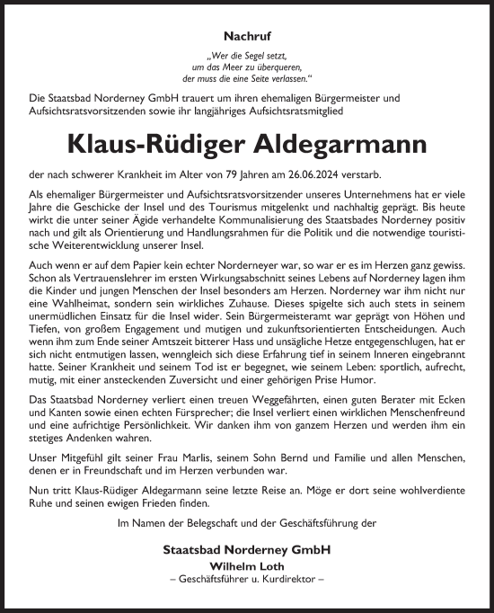 Traueranzeige von Klaus-Rüdiger Aldegarmann von Ostfriesischer Kurier