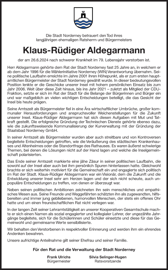 Traueranzeige von Klaus-Rüdiger Aldegarmann von Ostfriesischer Kurier