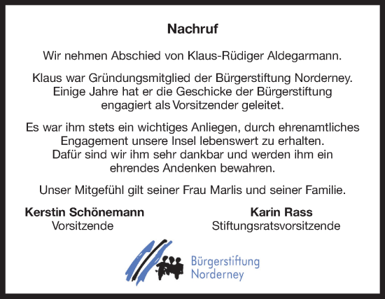 Traueranzeige von Klaus-Rüdiger Aldegarmann von Ostfriesischer Kurier