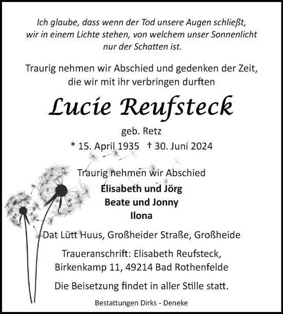 Traueranzeige von Lucie Reufsteck von Ostfriesischer Kurier