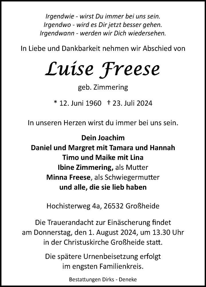  Traueranzeige für Luise Freese vom 27.07.2024 aus Ostfriesischer Kurier