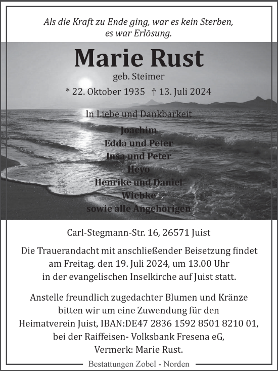 Traueranzeige von Marie Rust von Ostfriesischer Kurier