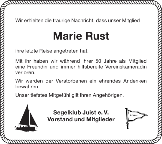 Traueranzeige von Marie Rust von Ostfriesischer Kurier